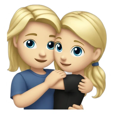 blond white girl with blue eyes hug white boy with black hair with pony-tail sticker