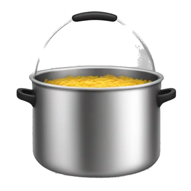 Stainless steel pot with black handlers, food inside sticker