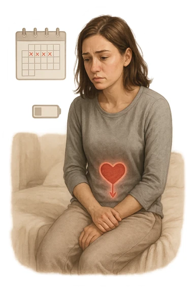 3D realistic medical illustration: a young woman in her 20s or 30s sits on the edge of a bed in a softly lit bedroom, looking thoughtful and slightly concerned. She wears comfortable loungewear, her posture is slouched, and her expression is subdued. Subtle visual cues—such as a faded calendar with missed menstrual cycles and a dimmed heart or energy icon near her abdomen—symbolize low libido and amenorrhea. The scene is realistic, intimate, and empathetic. sticker