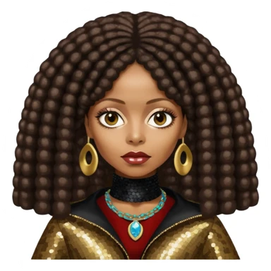 Erykah Badu with dark brown hair, dark brown sequin outfit sticker