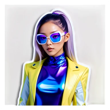 a futuristic and stylish cyberpunk-inspired Asian woman with light tan skin. She has long, flowing ombre hair that transitions from deep blue to vibrant violet, giving her an otherworldly aesthetic. She wears oversized, sleek white futuristic glasses that enhance her high-tech appearance. Her outfit is a form-fitting, reflective metallic bodysuit with neon cybernetic details, glowing accents, and a sci-fi-inspired design. sticker