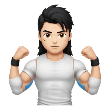 generate a pretty bratz boy with messy long mullet hair, sleeveless white tshirt, big biceps. Black hair sticker