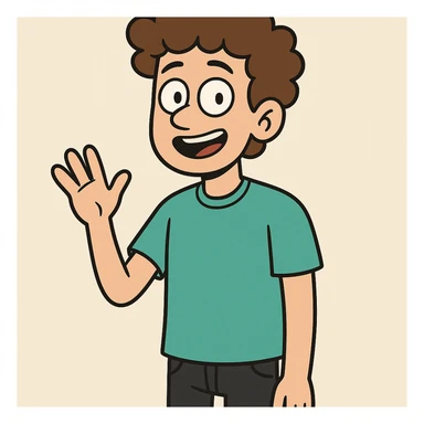 A boy brown curly hair green t-shirt Bright Blue Connector 2.0 (STSU207) black jeans sticker