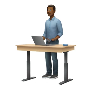 A white bllnde guy standing at a standing desk with laptop sticker