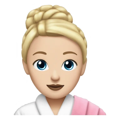 White girl with blonde hair in a bun and blue eyes and pink lips with a spa towel on her head and a robe on sticker