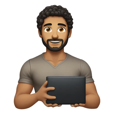 men holding his computer in hands. light brown skin men with curly black hair, dark brown eyes, little grown beard. little bit muscular. dressed casual. round face. sticker