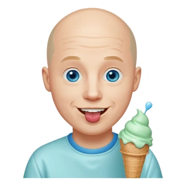 Smiling Bald man with blue eyes licking mint ice cream from a plate sticker