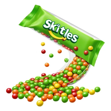 Skittles candy package spilling all green round candies, same package design but only green Skittles sticker