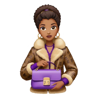 Beautiful black woman wearing a brown monogram Fendi jacket with a fur trim. She is carrying a purple sequined Fendi Baguette bag. I want the image close up. The jacket is not purple.  sticker