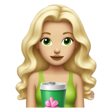 blonde with green eyes drinking pink tumbler wearing a pink bow in long wavy blonde hair sticker