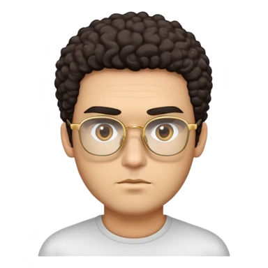 Man with angular square face, thick straight eyebrows, dark curly short hair, light stubble, neutral serious expression, wearing large square gold glasses sticker