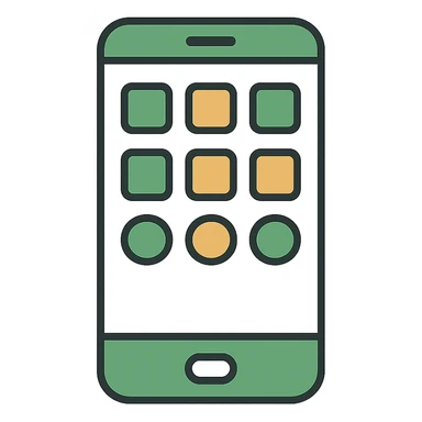 iPhone facing forward with visible app icons, minimalistic, green gold and white color scheme, clean lines sticker