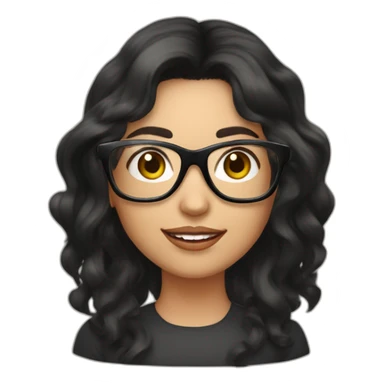 young peach skin woman with long black wavy hair and square black glasses on computer sticker