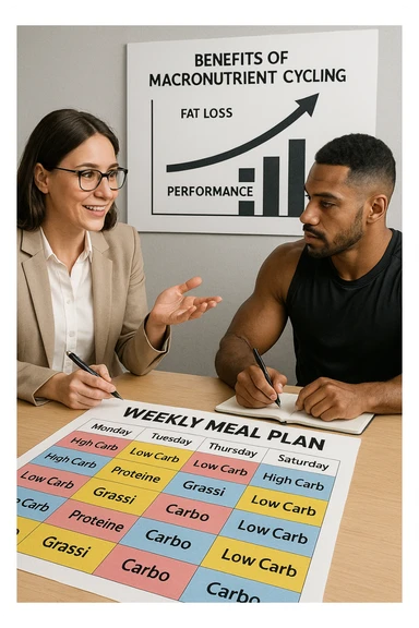 a nutritionist explains to an athlete how to cycle macronutrients for fat loss and training. On the desk, a weekly meal planner shows alternating high-carb and low-carb days, with color-coded sections for proteine, grassi, and carbo. The athlete takes notes, and a chart in the background illustrates the benefits of nutrient cycling. The mood is professional and educational. scritto in italiano sticker