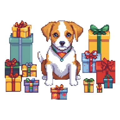 dog surrounded by gift boxes sticker