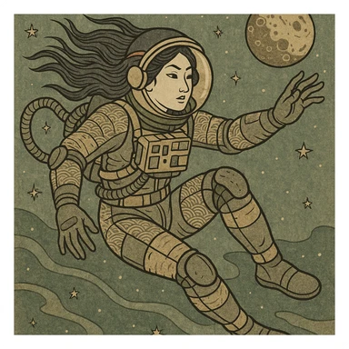 a tactical female space warrior floating in zero-g EVA operations, reaching in front of her sticker