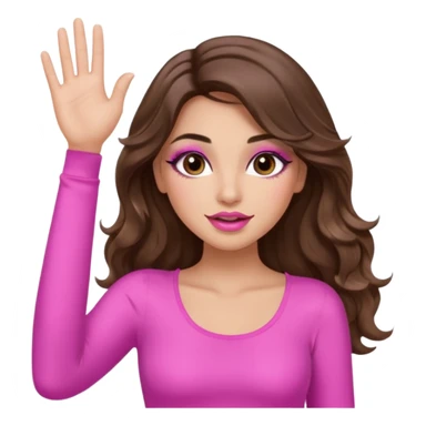 girl with long wavy brown hair, brown eyes, long lashes makeup, sexy pink lips, light to medium complexion, wearing a pink sexy top, one hand in the air high sticker