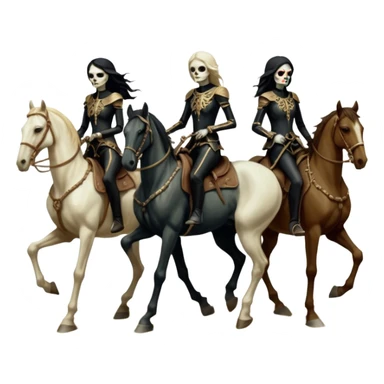 cinematic - aesthetic brilliant divine lighting, oil paint - ivory Four thin women as riders of the Apocalypse, after a graphic by Albrecht Dürer in a desolate landscape on horse skeletons sticker