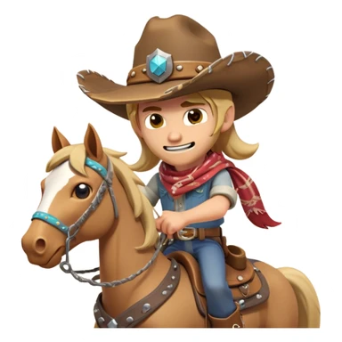 clash-of-clans-aesthetic_-cinematic-playful-cowboy-portrait-emoji, head-tilted with a roguish, cheeky grin and twinkling eyes, featuring a wide-brimmed cowboy hat and a weathered bandana on tan skin, riding a powerful galloping horse with dynamic flowing mane, reins gripped firmly in one hand and a lasso in the other, as dust swirls behind them in a vast desert landscape. sticker