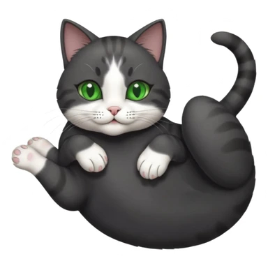 beautiful female solid dark grey cat with green eyes, white toes/paws and white patch on her chest playfully rolling upside down sticker