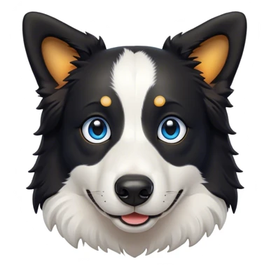 Cinematic Cute Border Collie Portrait Emoji, Head tilted playfully and inquisitively, with a sleek black and white coat and bright, sparkling blue eyes filled with curiosity, Simplified yet irresistibly adorable features, highly detailed, glowing with a warm, friendly glow, high shine, energetic and affectionate, stylized with a touch of whimsy, bright and endearing, soft glowing outline, capturing the essence of a mischievous yet loving pup, so playful it feels like it could bound out of the screen and into your arms! sticker