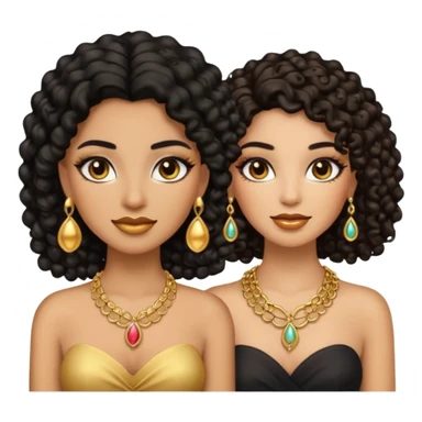 An emoji with two women, one woman with caramel skin color, black curly hair long. The other one is fair skin with brown straight hair and they're wearing jewelry and makeup. sticker