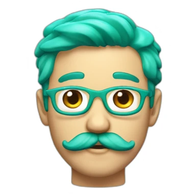 3d emoji of a 18 years boy with green-cyan hairs and green-cyan handlebar mustache  sticker