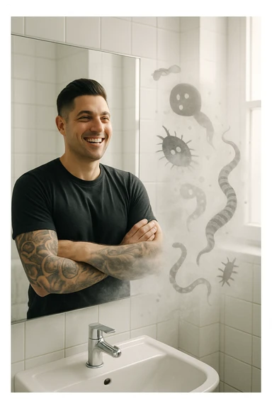 a man stands in a brightly lit bathroom, looking relieved and revitalized as he examines his reflection in the mirror. In the foreground, stylized, shadowy images of parasites (such as worms or protozoa) are shown leaving his body, dissolving into mist or fading away. His posture is upright and his expression is one of newfound energy and health. sticker