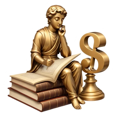 An icon featuring a thinker statue, a scroll, and a question mark, symbolizing philosophy. The design includes books, and abstract symbols representing deep thought and wisdom. Transparent background highlights the study of ideas, logic, and existential questions sticker
