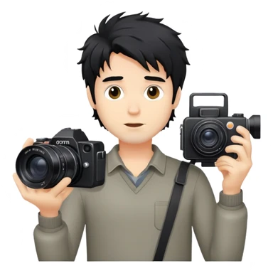 a man with black messy hair holding a camera sticker