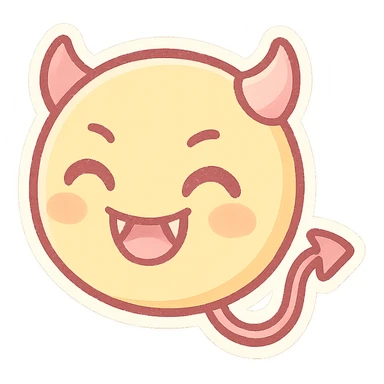 devil emoji, pastel yellow and pink, round face, small fangs, playful, pastel palette sticker