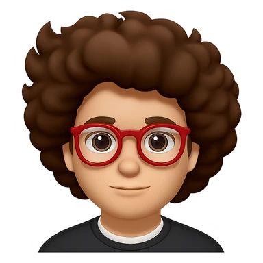 Make the hair much bigger on the face of a man with a lot of brown hair and red glasses, keep the style the same. Remove the background to isolate the subject. sticker