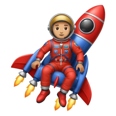 man with red clothes and blue yeanse. sitting on a rocket sticker