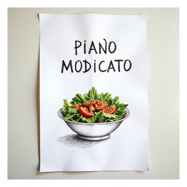 white sheet of paper with the text 'PIANO MODIFICATO' and a bowl of salad drawn, hyperrealism 4K, no background sticker