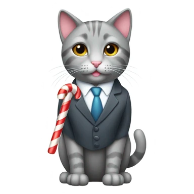 Gray cat wearing a suit and carrying a candy cane sticker