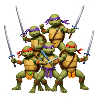 Vector emoji sticker of 4 Ninja Turtles: Leo (blue/swords), Raph (red/sais), Donnie (purple/staff), and Mikey (orange/nunchucks). Action poses, NYC rooftop, pizza box, bold comic style, white border. ONLY 4! sticker