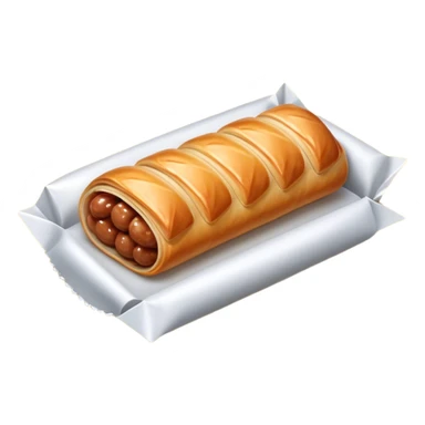 cinematic-realistic-sausage-roll-dish-emoji,-depicted-with-a-crisp,-golden-pastry-wrapped-around-flavorful-sausage,-rendered-with-detailed-textures-wrapped ina. plastic wrapper unrapped - and-appetizing-lighting sticker