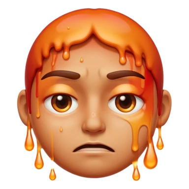 Apple-style emoji illustration of a person melted, overheated face with sweat drops, half-closed exhausted eyes, annoyed or angry expression, warm orange and red tones, soft 3D emoji style, smooth gradients, rounded shapes, centered composition. sticker