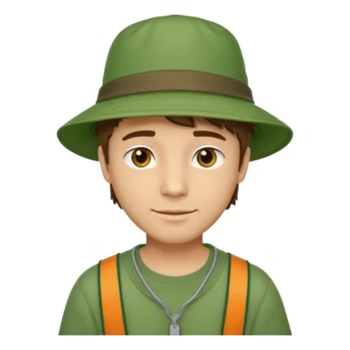 A light-skinned man with short brown hair, golden-brown eyes, and a soft smile, wearing a wide-brimmed green bucket hat. sticker