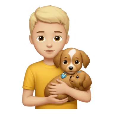 ["Light-skinned boy in yellow shirt, cradling a puppy."] sticker