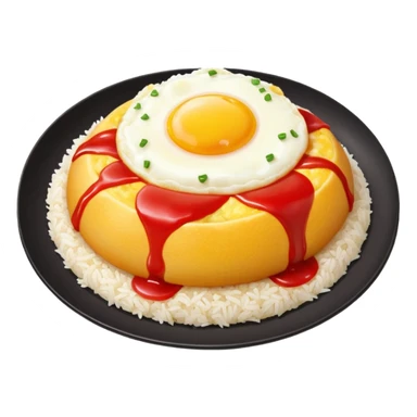 Tasty omurice dish on a big plate garnished with a wobbly line of ketchup on top sticker