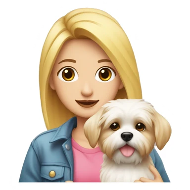 Joven rubia con ropa rosada y un perrito shitzu blanco a su lado sticker