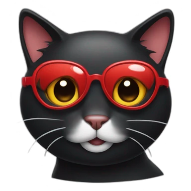 black cat wearing red with and a gogle with smiling face sticker