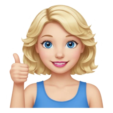 Girl Blonde short wavy hair,  blue eyes, cute blue top, long lashes, pink lips, smiling, 👍🏻 sticker