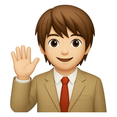 Create an image of Light Yagami from Death Note in the style of apple emojis. He has brown hair and is wearing a school uniform. He is waving with one hand and has a friendly expression. sticker