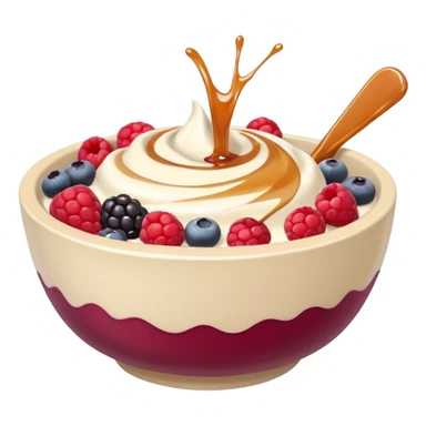 White swirl of yogurt in a beige bowl with mixed berries and caramel syrup  sticker