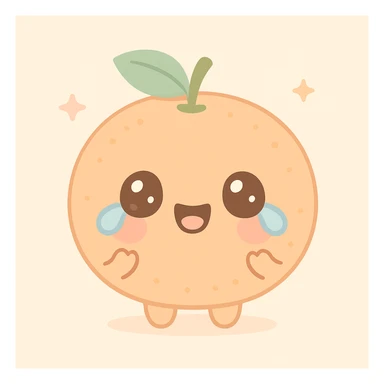 tangerine fruit with a laughing-crying expression, kawaii style, pastel colors, tiny hands sticker