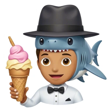 A person having a shark as their head while wearing a tophat and holding an ice cream sticker