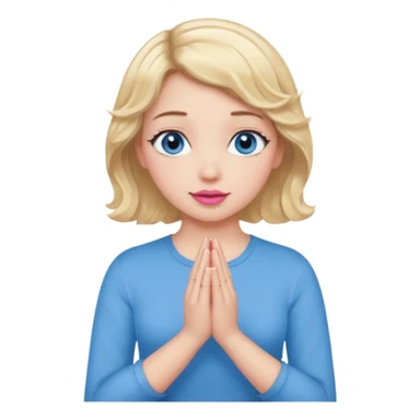 Girl Blonde short wavy hair,  blue eyes, cute blue top, long lashes, pink lips, praying hands sticker