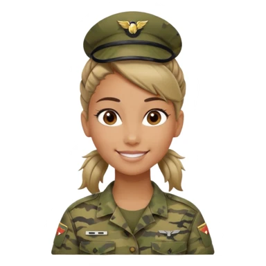 Apple-style emoji: female soldier, bust, no cap/helmet, friendly smile, generic camo top, hair in bun, soft gradients sticker